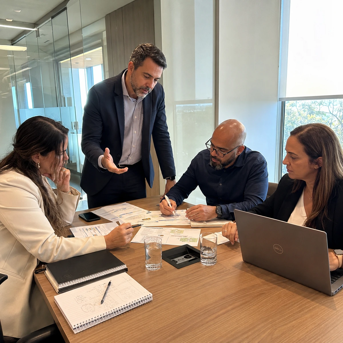 Equipe construindo uma estratégia comercial aplicável